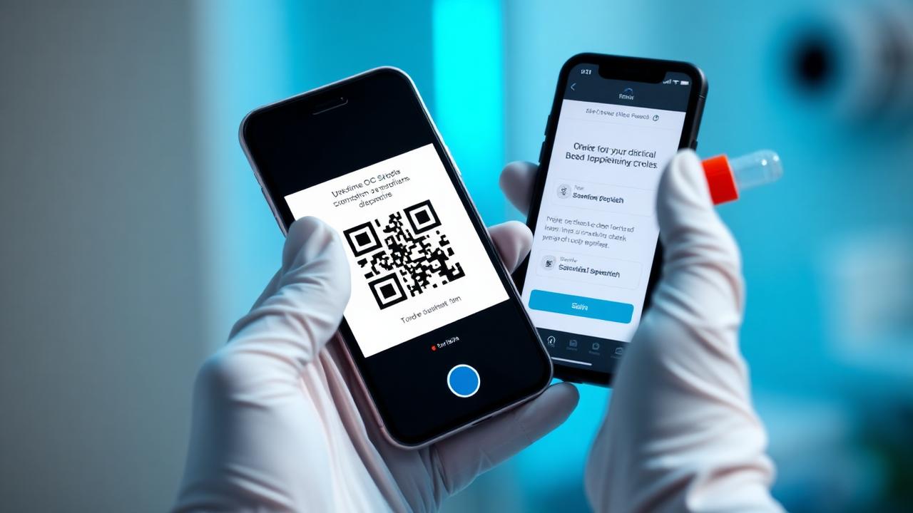 QR code being scanned on a blood sample tube alongside a collection status screen