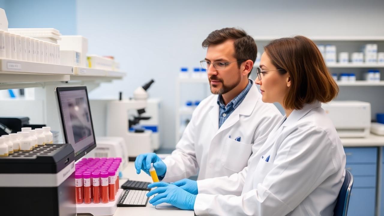 Laboratory staff reviewing incoming diagnostic samples at a pathology lab workstation