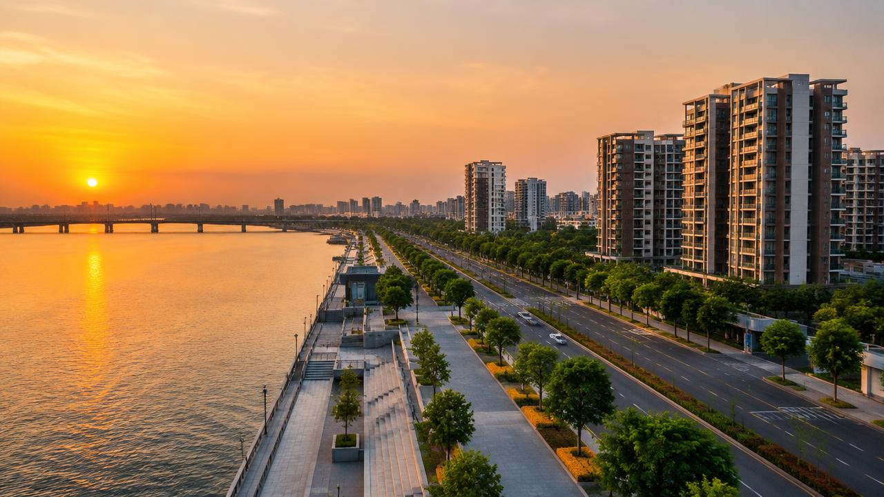 Ahmedabad riverfront promenade with residential towers at sunset, a city where Phlebify is expanding collection coverage
