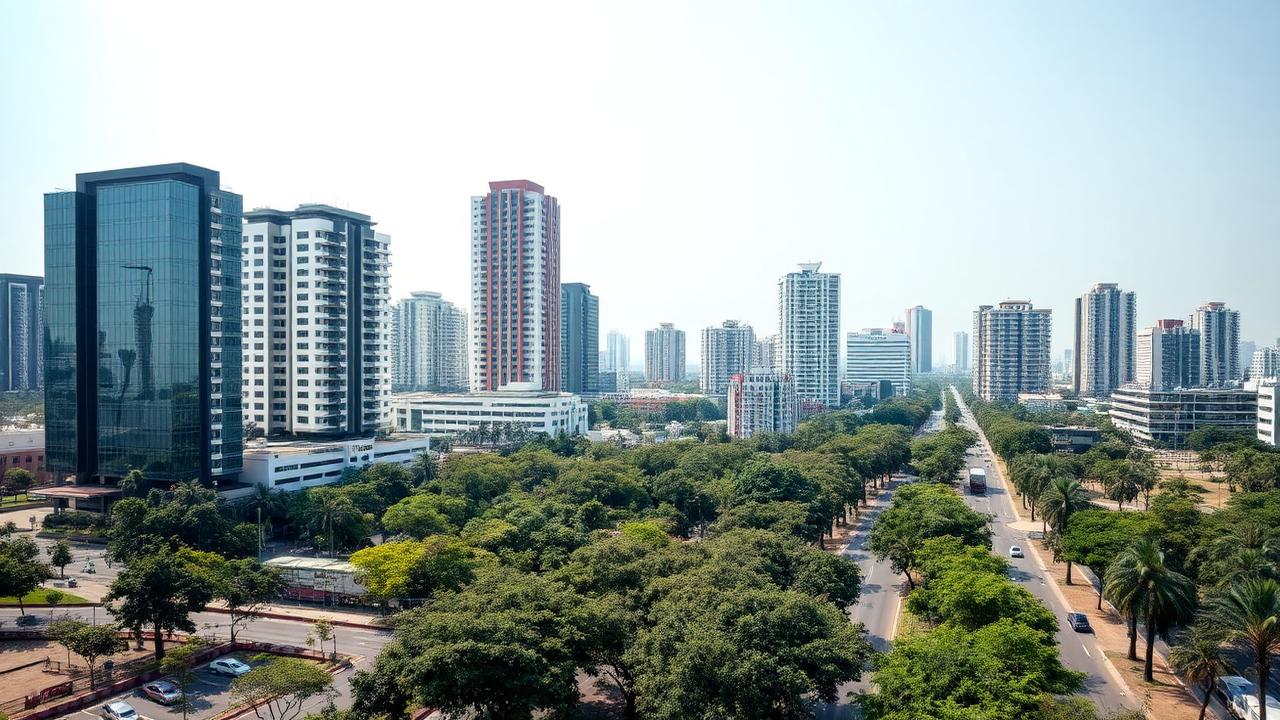 Bangalore skyline with tech-park office towers and tree-lined roads