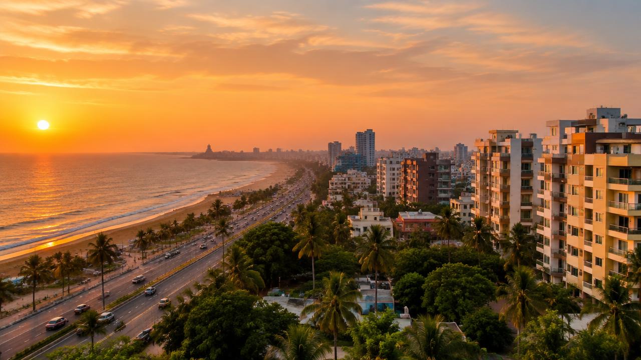 Chennai coastal road and residential apartment blocks at sunset, a city where Phlebify is expanding home collection coverage