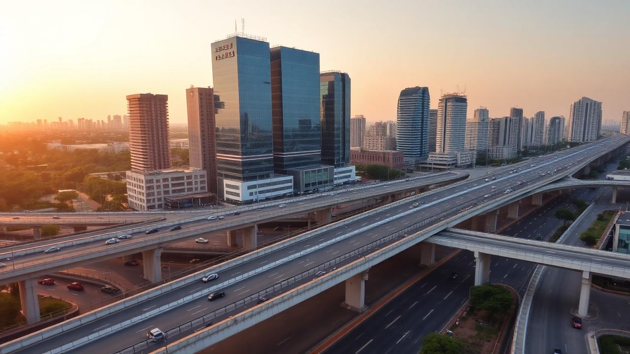 Hyderabad city skyline with office towers and flyover roads at golden hour