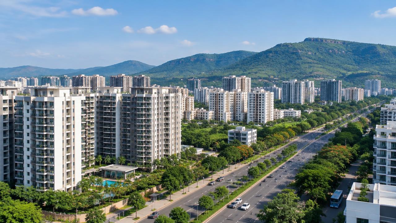 Pune residential high-rise societies with green hills behind them, a city where Phlebify is expanding collection coverage