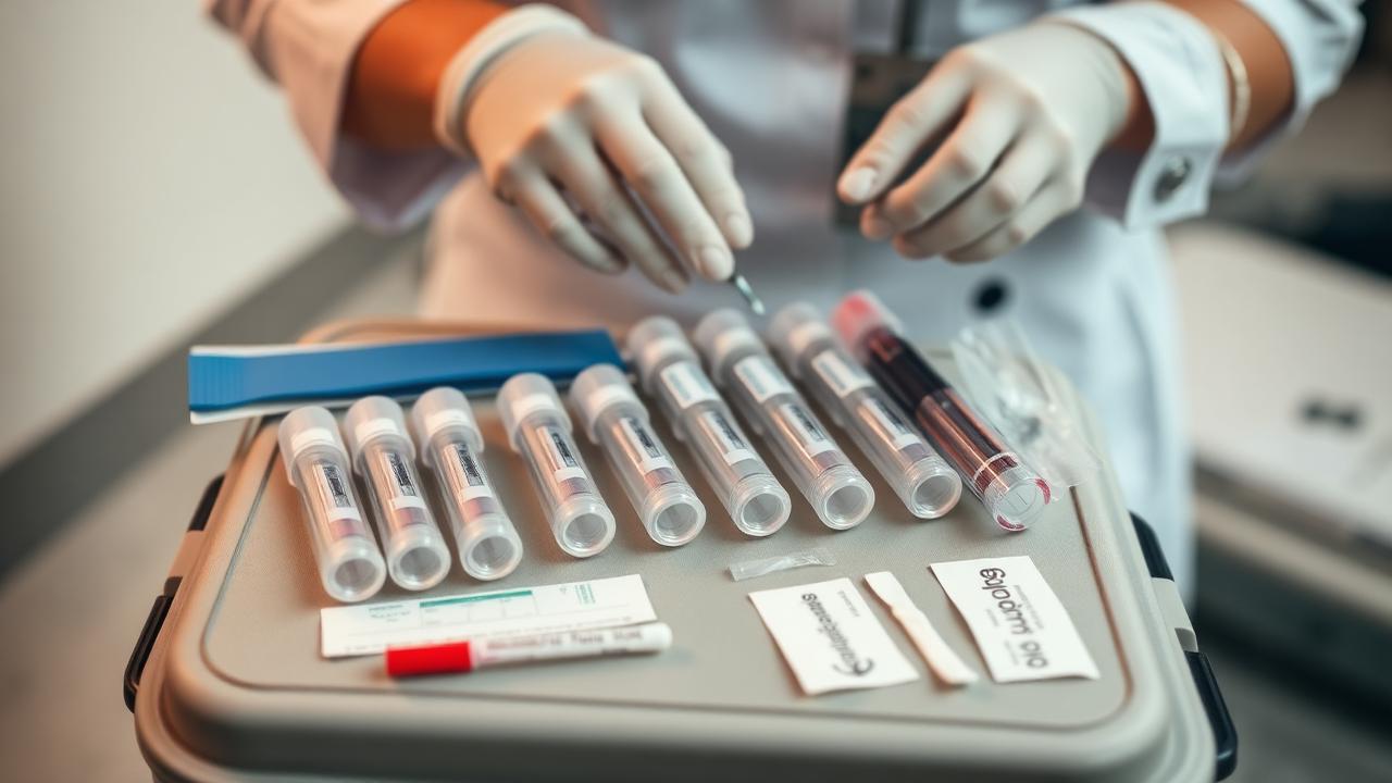 Phlebotomist preparing vacutainer tubes and collection equipment in a Phlebify collection kit