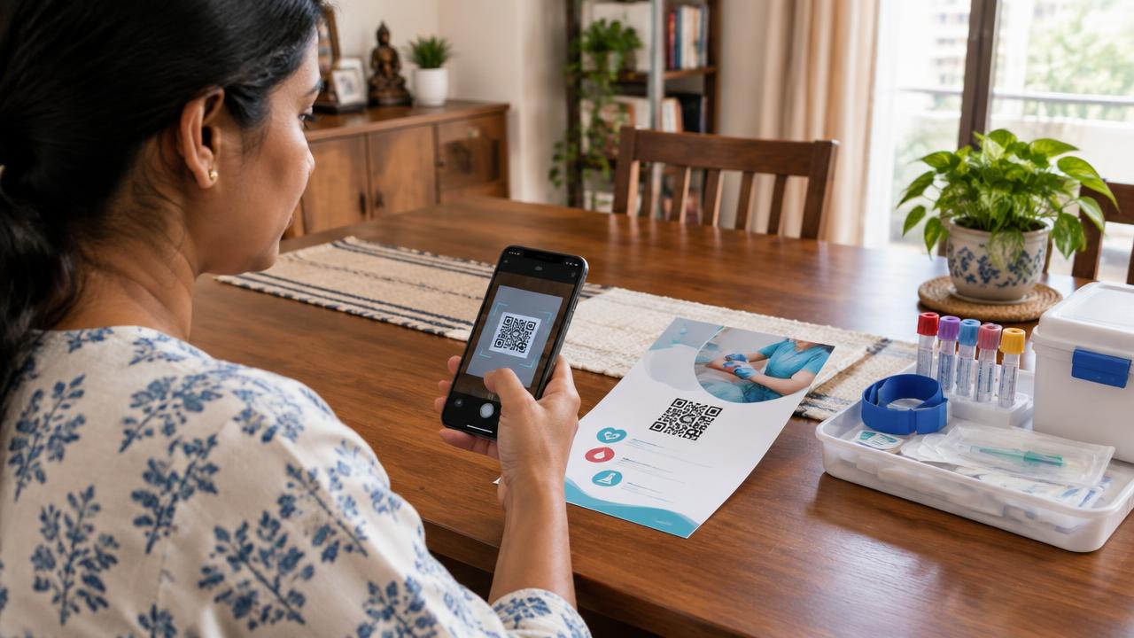 Patient scanning a diagnostic lab QR code on a printed flyer to request home blood sample collection