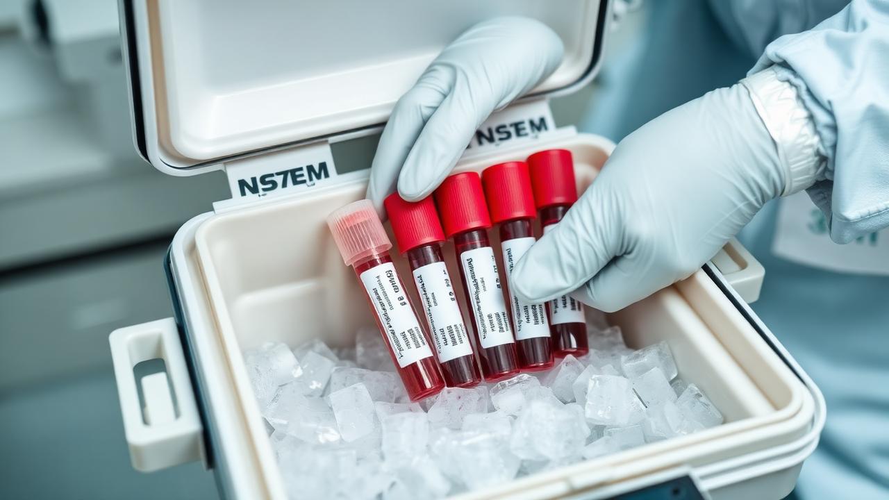 Labelled blood sample tubes being packed into an insulated transport container